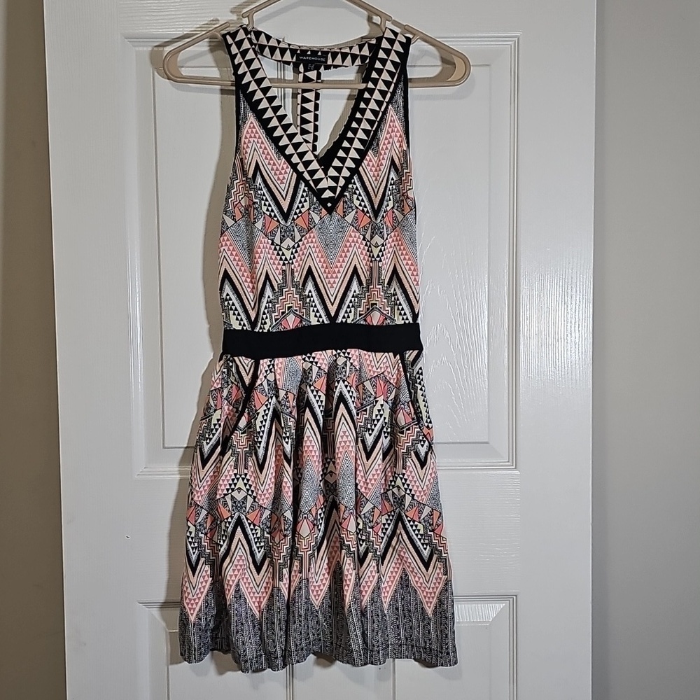 Warehouse Geometric Aztec Print Halter Dress Black Peach Multi US 4 UK 8